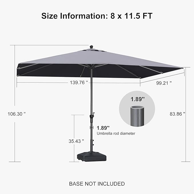 PURPLE LEAF 11.5' x 8' Patio Market Umbrella Outdoor Table Sun Umbrellas with Crank 8 Aluminum Sturdy Ribs for Pool Deck Backyard Beach Gray