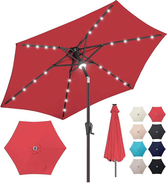 7.5ft Solar Umbrella Outdoor - Lighted Solar Patio Umbrella with 24 LED Lights Waterproof UV Protection, Table Umbrella with Tilt for Pool, Porch, Garden, Deck, Backyard (Red)