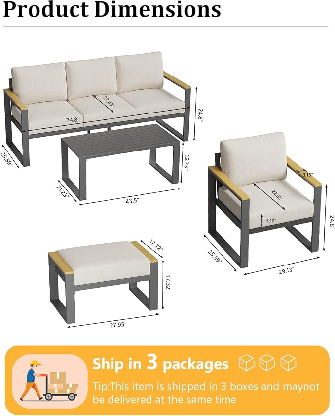 Garvee Aluminum Outdoor Patio Furniture Set with Coffee Table | 5 Piece Patio Conversation Sets with Washable Thick Cushions, Outdoor Sectional Furniture Set for Porch, Balcony, Deck, Yard,