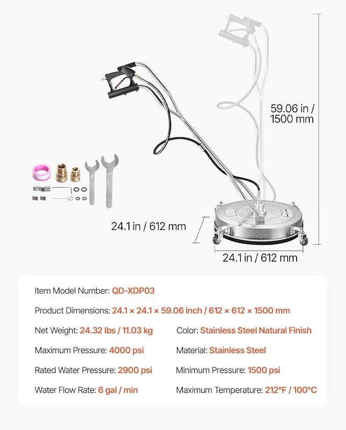 VEVOR 24 Inch Pressure Washer Surface Cleaner, 4000 PSI Stainless Steel Attachment with 4 Wheels, 2 Nozzles, 3/8 Inch Quick Connect and Dual Handle for Concrete, Patio, Sidewalk