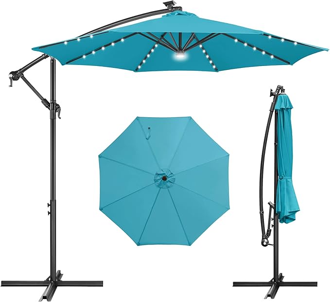 FLAME&SHADE 10ft Solar Cantilever Umbrella with 40 LED Lights, Lighted Large Offset Outdoor Patio Umbrellas, 8 Sturdy Ribs, UPF50+ UV Protection for Pool Deck Garden Yard, Aqua Blue