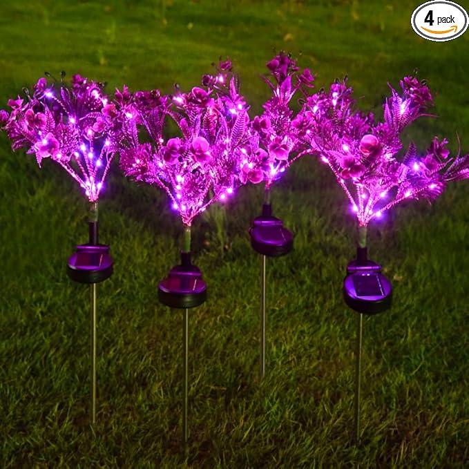 4 Pack Solar Garden Lights Phalaenopsis, Outdoor Waterproof IP65, Purple Light, for Gardens, patios, courtyards, and Holiday/Wedding Decorations