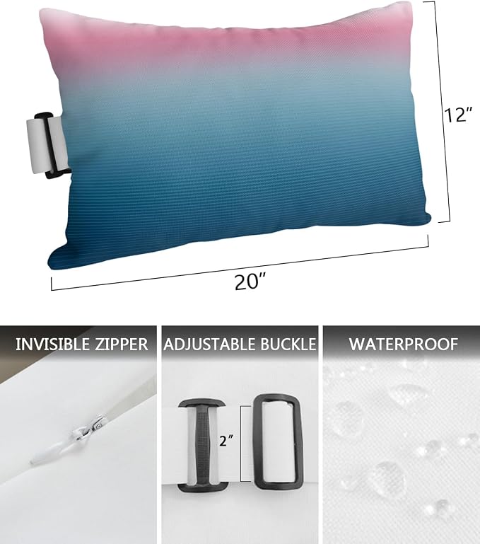 Outdoor Pillows Covers with Inserts Pink Blue Ombre Stripe Line Gradient Waterproof Recliner Pillow with Adjustable Strap Throw Pillows for Patio Furniture Pool Lounge Chair, 12x20 Inch, 1PCS