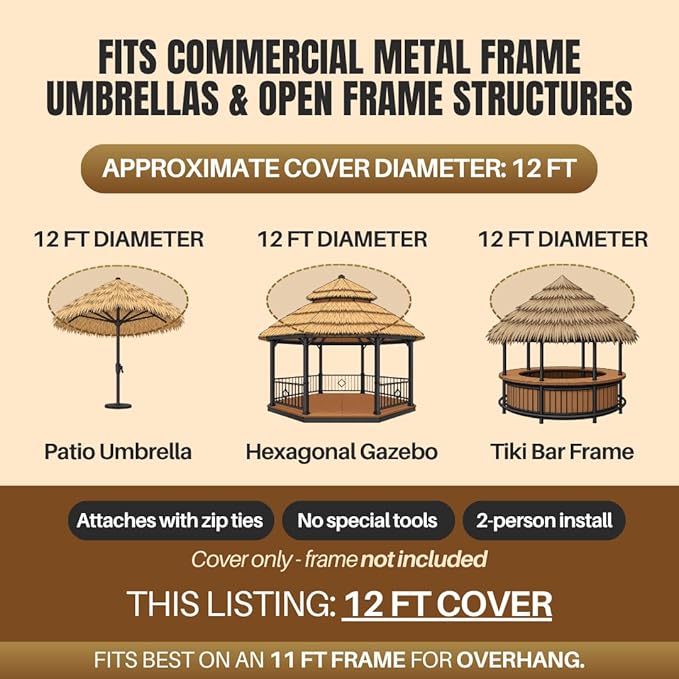 Mexican Straw Roof Thatch – 12ft Tiki Umbrella for Outdoor Shade, Patio, Tiki Bars – Eco-Friendly Natural Grass Cover, Easy Installation, Tropical DIY Roof Cover, Not Waterproof