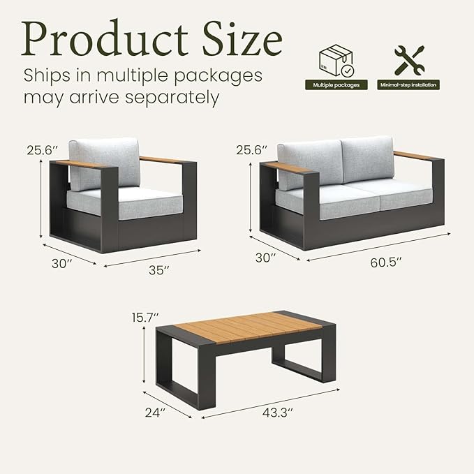 LayinSun 4 Pieces Aluminum Patio Furniture Set with Coffee Table, Oversized Outdoor Conversation Set 4 Seats with 6" Thick Cushions for Outside Porch, Balcony, Deck