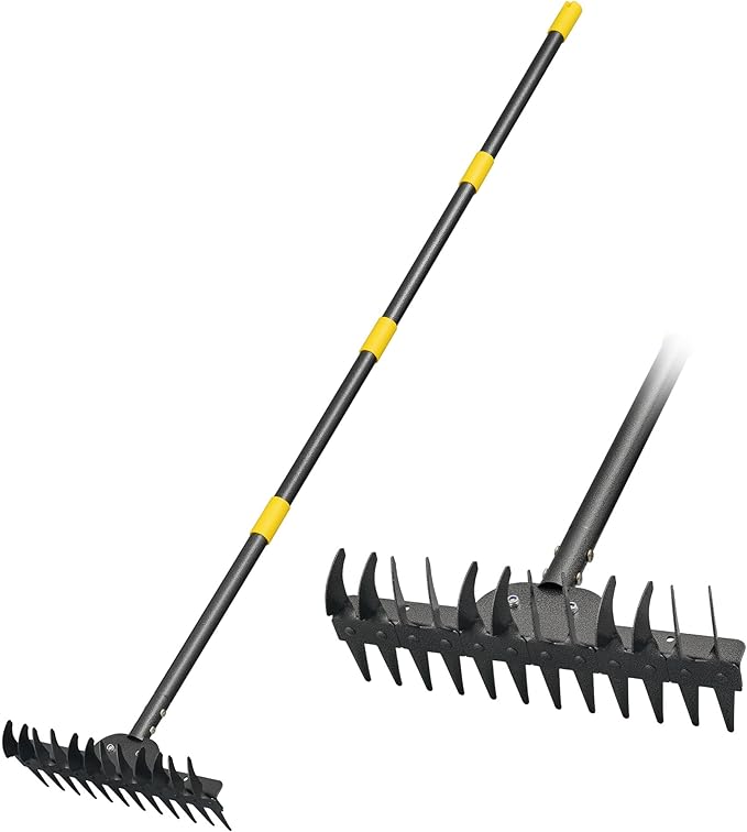 77" Adjustable Bow Rake, Metal Head with 1.1-Inch Thick Stainless Steel Handle, Heavy Duty Garden Rake for Soil Loosening, Leaf Gathering, Lawn Leveling & Yard Management