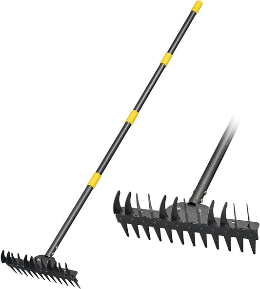 77" Adjustable Bow Rake, Metal Head with 1.1-Inch Thick Stainless Steel Handle, Heavy Duty Garden Rake for Soil Loosening, Leaf Gathering, Lawn Leveling & Yard Management
