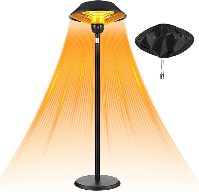 Glooglitter Patio Electric Outdoor Heater Stainless Steel 1500W Standing Infrared Heaters with Dust Cover for Indoor/Outdoor Use, 3 Heat Settings, Fast Heating, Height Adjustable, Tip-Over Protection