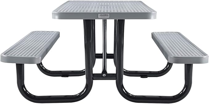 Global Industrial 6’L Rectangular Picnic Table, Expanded Metal, Gray Thermoplastic Coating, Attached Benches, 1-1/2” Umbrella Pole Hole, Outdoor-Rated, 1000 lb Capacity, 72” x 30” Tabletop
