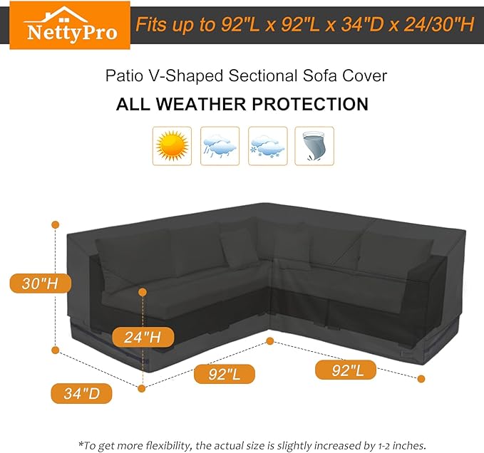 NettyPro Outdoor Sectional Sofa Cover 92 Inch, 600D Heavy Duty Waterproof Patio Lawn Furniture V-Shaped Lounge Set Couch Cover, Black