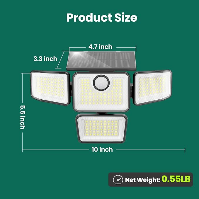 3000LM Solar Lights Outdoor, 4 Adjustable Heads Motion Sensor Security Light, 3 Modes, 6500K, IP65 Waterproof Solar Wall Flood Lights for Garden, Outside, Backyard, 2 Pack