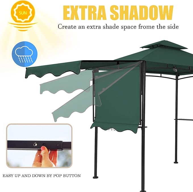 FAB BASED 5x8 Grill Gazebo with Extra Awning, All-Weather Steel Construction, Double Tiered & Resistant Canopy Roof, Metal Serving Shelves, 2 LED, Bottle Opener for Patio, Backyard, BBQ (Green)