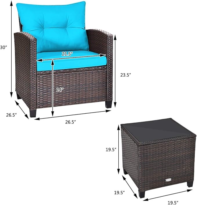 Modern Turquoise 3-Piece Wicker Patio Furniture Set with Water-Resistant Cushions & Tempered Glass Table