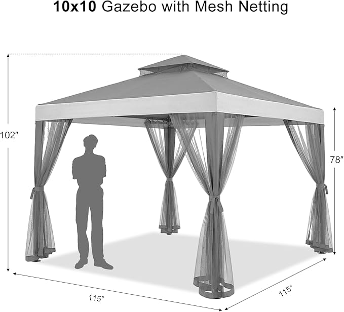 10x10 Gazebo with Netting, Canopy Tent Sun Shade Shelter for Outdoor Patio Backyard (Gray)
