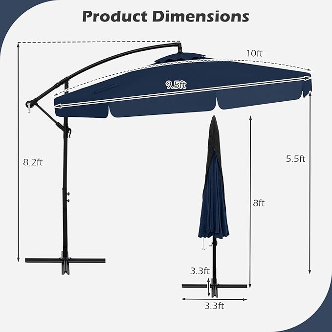 Tangkula 10FT Offset Hanging Umbrella with Cover, Patio Cantilever Umbrella w/ Easy Tilt Adjustment, Crank, Ruffled Edge, 8 Ribs, Sun-Protective Canopy, Heavy-Duty Outdoor Parasol for Pool Garden Deck (Navy)