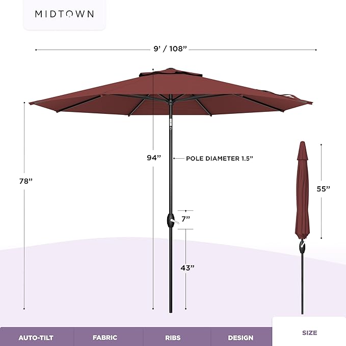 Midtown Umbrellas - 10-Year-No-Fade 9 Ft Patio Umbrella with Terylast Fabric, Auto-Tilt Aluminum Frame and 8 Reinforced Ribs for Deck, Pool, Garden & Beach - Cherry Burgundy Canopy, Black Pole