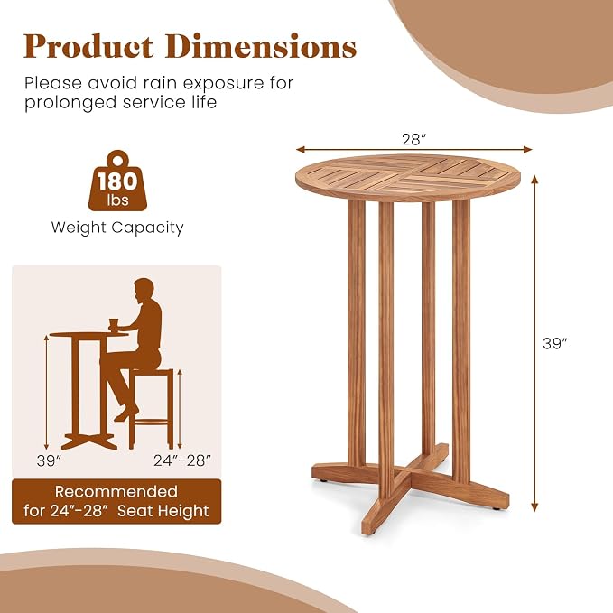 Tangkula Outdoor Acacia Wood Bar Table, 39" Patio Bar Height Round Table with Slatted Tabletop, High Top Bistro Dining Table, Pub Height Round Table for Garden, Deck, Porch and Yard