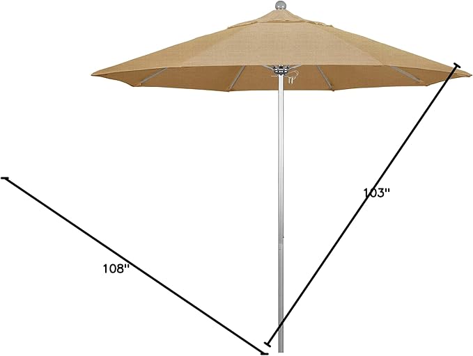 California Umbrella 9' Round Aluminum/Fiberglass Umbrella, Push Open, Silver Pole, Sunbrella Linen Sesame