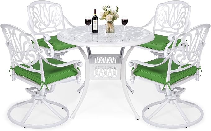 VIVIJASON 5-Piece Outdoor Patio Dining Set, All-Weather Cast Aluminum Conversation Set, Patio Furniture Set for Balcony Lawn Garden, Include 4 Swivel Chairs, 1 Round Table w/Umbrella Hole, White