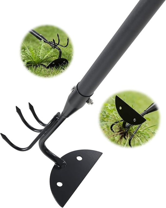 52" Heavy Duty 2-in-1 Hoe & Tiller Rake Garden Tool, 3-Tine Cultivator for Weeding and Soil Loosening, Long Handle Stand Up Digging Tool for Gardening and Planting