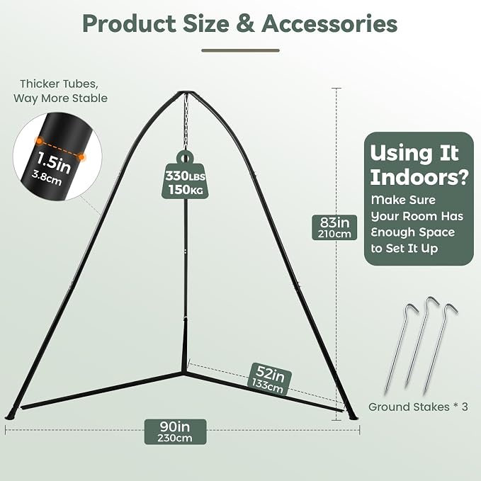 Tripod Hammock Chair Stand for Multi-Use, Heavy-Duty Hammock Chair Stand for Indoor & Outdoor, with Height Adjustable Triangular Design, 330 lbs Capacity, Easy Assembly, Stand Only - Black