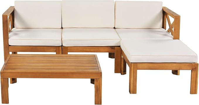 5-Piece Outdoor Backyard Patio Set, Acacia Wood Sectional Sofa Seating Group Set with Tea Table and Cushions, Conversation Furniture Set for Garden Backyard Poolside (Natural Finish+beige cushion 2)