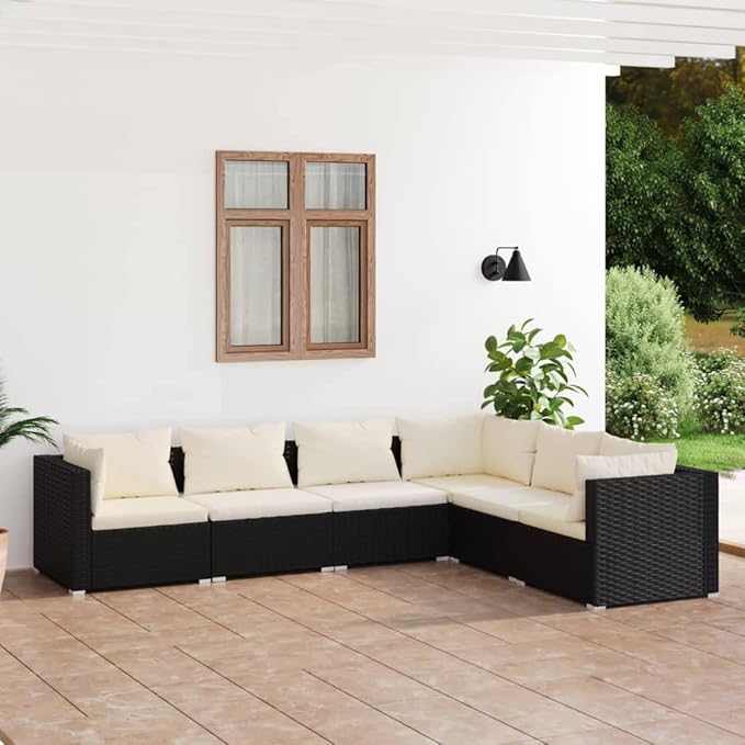 6 Piece Patio Lounge Set with CushionsOutdoor Dining Chairs,Patio Furniture Set,Outdoor Sectional Sofa,Patio Conversation Seat,Outdoor Seating,Modern Style,for Garden,Backyard, Poly Rattan Black