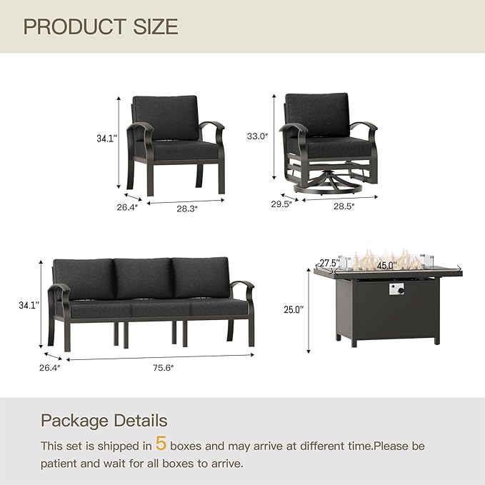 Aluminum Patio Furniture Set with 55,000 BTU Propane Fire Pit Table,7 Seats Metal Modern Outdoor Furniture w/5.1" Cushions,Patio Sectional w/Swivel Chairs for Patio,Backyard,Black