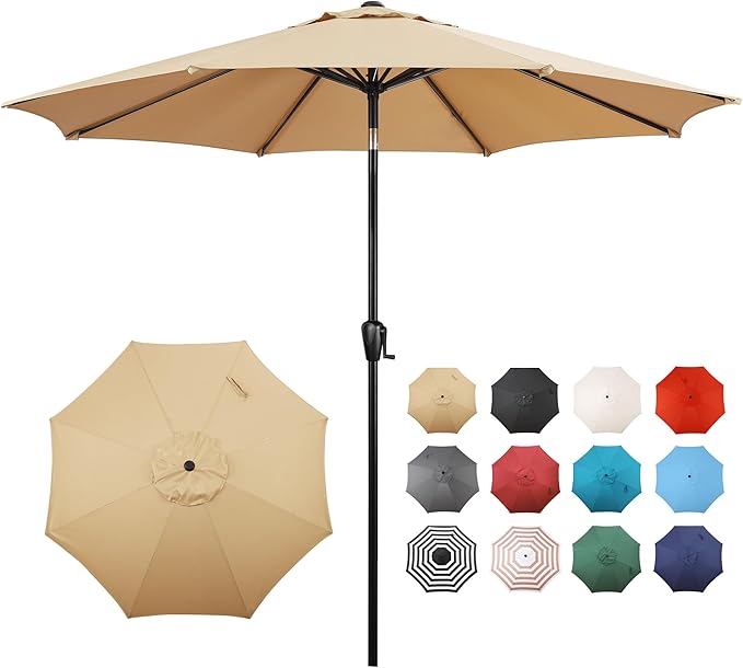 Sun-Ray 9' Round Patio Umbrella with Push-Button Tilt and Hand Crank Lift System, Market Umbrella for Porch, Deck, and Patio