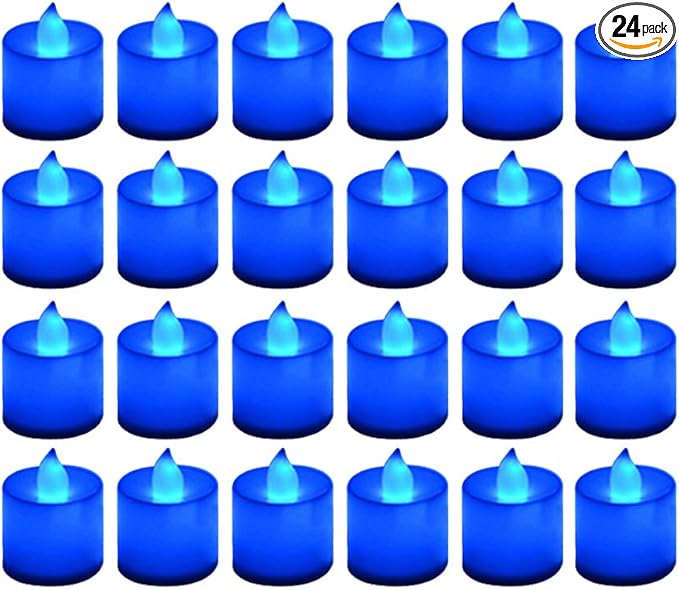 LANKER 24 Pack Flameless Led Tea Lights Candles, Flickering Blue Battery Operated Electronic Fake Candles, Decorations for Wedding, Party, Christmas, Halloween and Festival Celebration (Blue)
