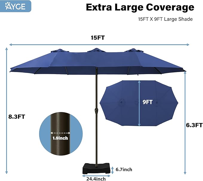 Ayge 15FT Patio Umbrella with Base,Large Outdoor Double-Sided Rectangle Umbrella with Crank Handle, Market Umbrella for Poolside Garden Deck Backyard Beach Pools,Navy