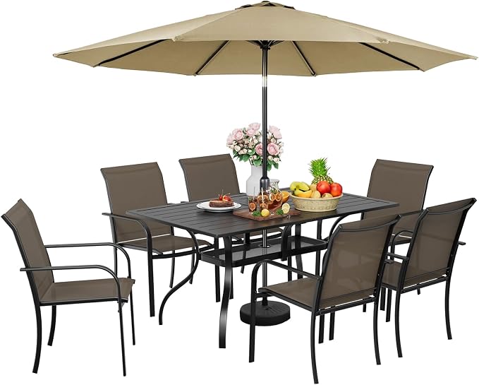 7-Piece Patio Dining Set with Umbrella,6 Person Outdoor Table and Chairs Set, 6 Metal Dining Chairs and Rectangular Outdoor Table with 1.57" Umbrella Hole,Khaki