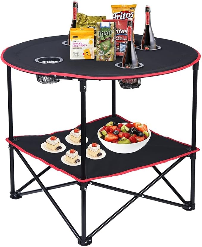 LEADALLWAY Camping Table Folding Picnic Table Canvas Portable Tables | Collapsible,with 4 Cup Holders and Carrying Bags , for BBQ Outdoor Fishing,