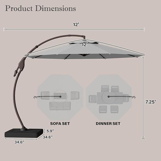 Cantilever Umbrella with Heavy-Duty Base, Outdoor Large Round Aluminum Offset Umbrella for Patio Garden Backyard, UV-Resistant Waterproof Canopy, 360° Rotation & Tilt Adjustment