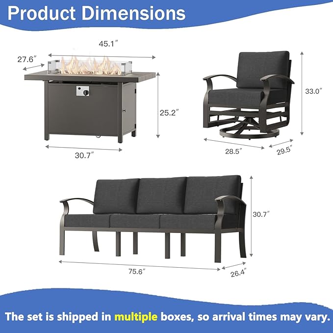 Aluminum Outdoor Patio Furniture Set,4 Pieces 5 Seats Patio Conversation Sets with 45" Propane Fire Pit Table,Metal Patio Sectional Furniture Set with 2 Swivel Rocking Chairs,Black
