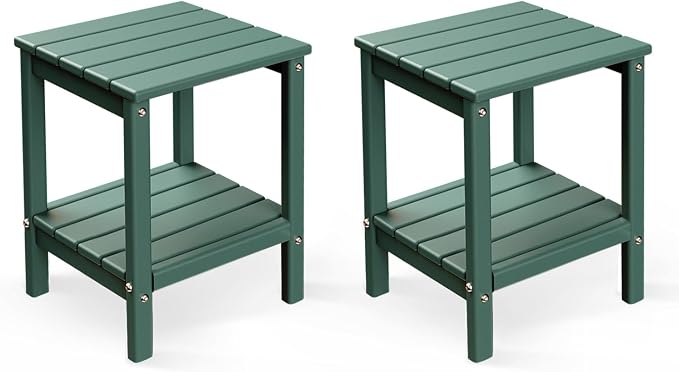 BRIOPAWS Outdoor-Side-Tables | Set of 2 | Small | HDPE Plastic | Patio End-Table | 2-Shelf Adirondack Outside Tables | All Weather | for Poolside Front Porch Indoor Living Room | 14" x 13" | Forest