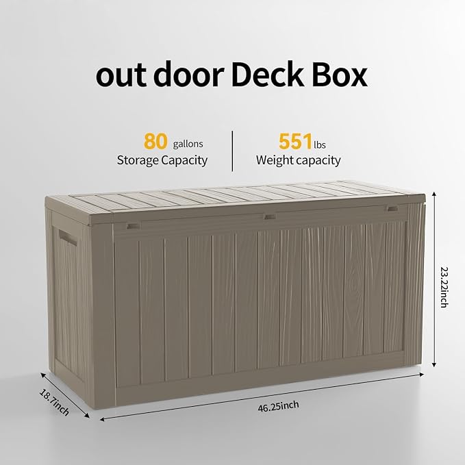 Outdoor Storage Box 80GAL Waterproof Resin Deck Box,UV-Resistant Lockable Delivery Bin for Garden Tools,Small Outside Cushions,Pool Accessories Supplies,Chest,Furniture,Package,Grey