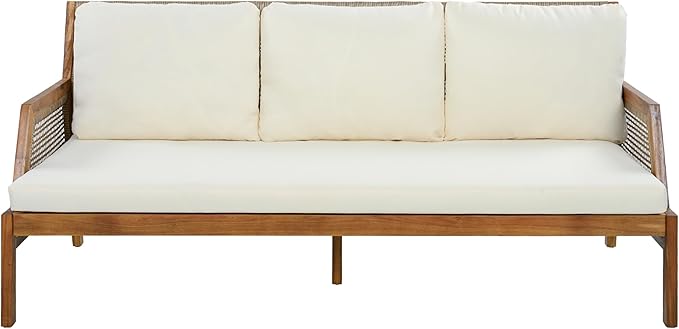 Christopher Knight Home Pony 3 Piece Acacia Wood Patio Conversation Sofa with Coffee Table and Ottoman, Outdoor 3-Seater Sofa Set for Backyard, Outdoor Patio Furniture Set, Teak+Cream+Brown