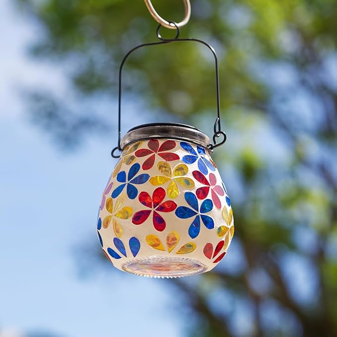 Stargarden Mosaic Solar Lanterns, Glass Hanging Lantern Waterproof Outdoor Haning Lights Flower Decorative Table Lamp for Garden ,Patio,Yard Decor