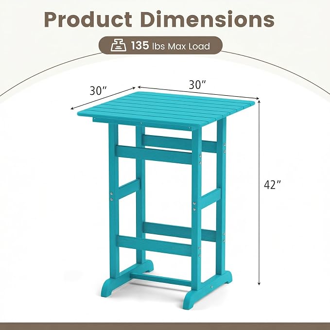 Tangkula 30" x 30" Square Bar Table, Patio HDPE Bar Height Dining Table w/Slatted Tabletop, Outdoor All-Weather High-Top Bistro Table for Poolside, Backyard, Balcony (Turquoise)