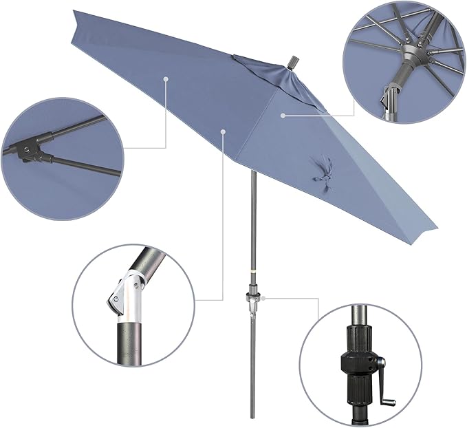 California Umbrella 9' Rd. Crank Lift, Collar Tilt, Aluminum Pole, Fiberglass Rib Patio Umbrella, Hammertone Grey Finish, Sunbrella Air Blue