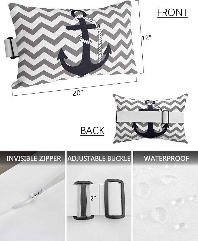 Nautical Anchor Outdoor Pillows Waterproof Covers, Gray Background Adjustable Elastic Chaise Lounge Head Resting Pillows, Decorative Lumbar Pillow for Pool Patio Furniture