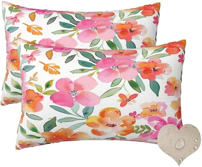 Outdoor Pillows Waterproof Set of 2 Outdoor Pillow Covers 16x24 Inch, Red Throw Pillows Flower Pillow Covers, Summer Garden Decorative Pillows Outdoor Pillows for Patio Furniture Car Home Decor -hs317