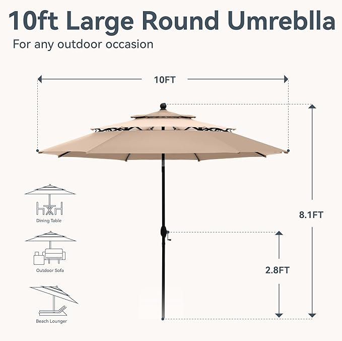 GREEN PARTY 10ft Outdoor Patio Umbrella, [Auto-Tilting] 3 Tiers Market Table Umbrellas with 1.5" Pole, 8 Sturdy Ribs, 3-Year-Non-Fading for Garden Deck Pool Backyard, Beige & Tan