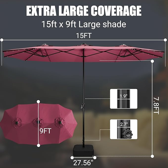 CHABATREE 14FT Large Patio Umbrella with Base & Solar LED Lights - Double-Sided,Red