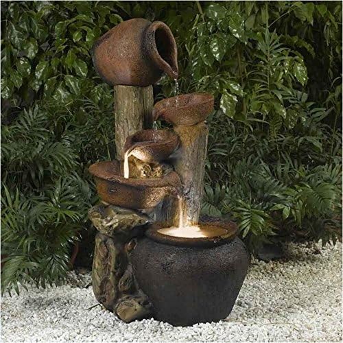 Bowery Hill Glass Outdoor-Indoor Fountain with Illumination, Brown Finish, 33 in H x 19 in W x 17 in D, Polyresin and Fiberglass Construction, Weatherproof Patio, Balcony, Home or Backyard Decor