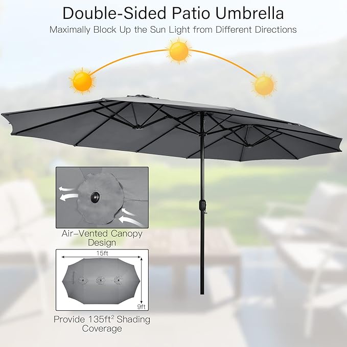 Tangkula 15FT Double-Sided Patio Umbrella with Base, Extra-Large Market Umbrella W/Crank System, Outdoor Twin Umbrella W/ 12-Rib Metal Structure & Air Vents for Garden, Backyard, Poolside (Gray)