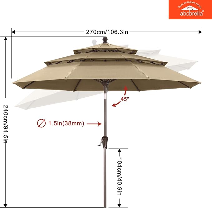 ABCCANOPY 5-Year 10-Year No Fading 9FT 3 Tiers Patio Umbrella, Outdoor Table Umbrella with 8 Sturdy Ribs for Deck, Backyard, Garden, Yard
