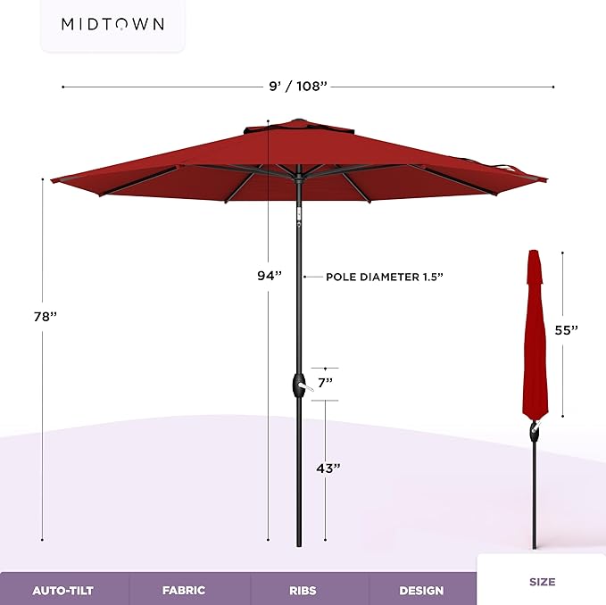 Midtown Umbrellas – The Lean 9 Ft Patio Umbrella with 10-Year-No-Fade Acrylast Acrylic Fabric, Auto-Tilt and 8 Reinforced Ribs for Deck, Pool, Garden, Hotel & Cafes – Regatta Red Canopy, Black Pole