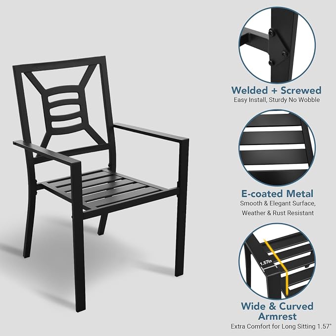 Patio Dining Chairs Set of 2, Stackable Metal Patio Chairs with High Back for Deck Bistro Porch Lawn, Black Wrought Iron Outdoor Dining Chairs